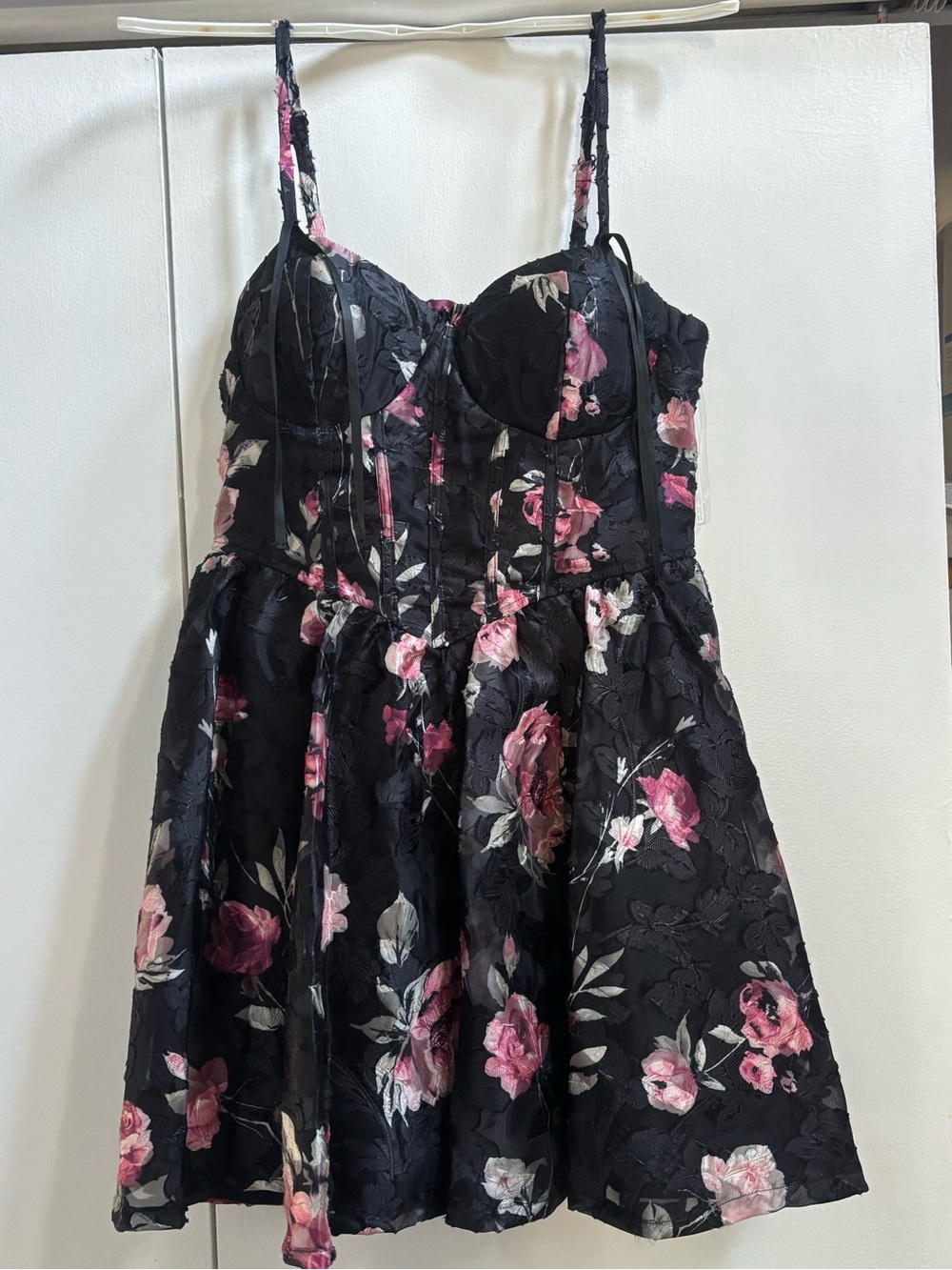 Trixxi Black Floral Fit-and-Flare Dress with Pink Roses